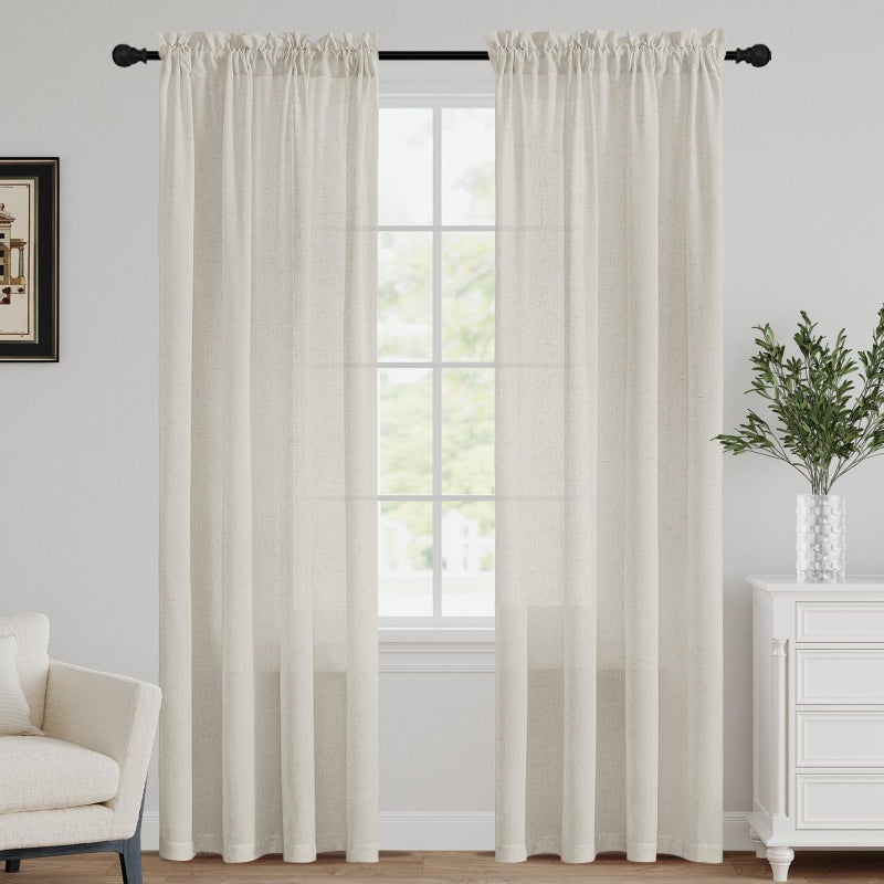 FantasDecor Ivory Semi Sheer Linen Curtains Flax Textured for Living Room 84 Inch Length Rod Pocket Natural Privacy Sheer Panels with Light Filter for Villa/Cottage, W52 x L84, Ivory - Image 1